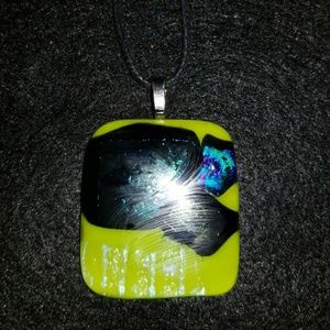 Handmade dychroic glass pendant with leather chain